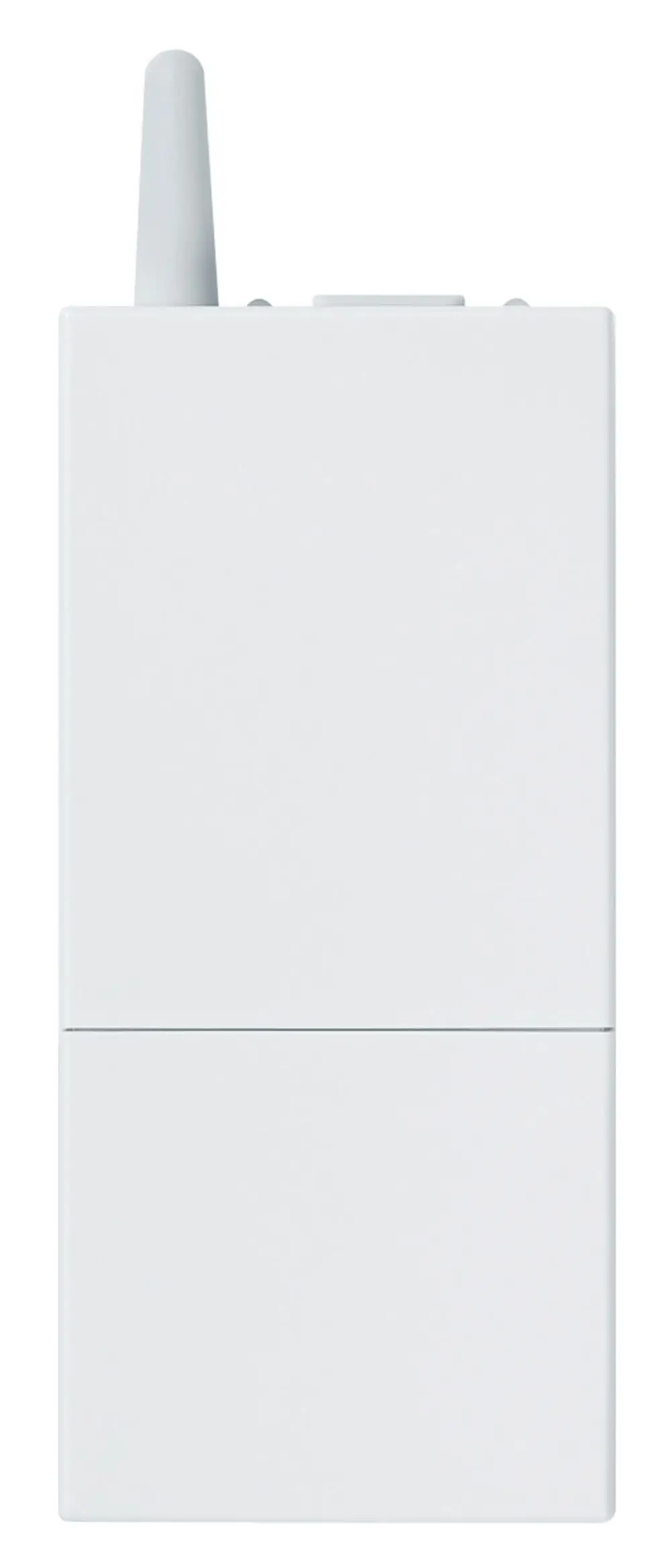Weißer Funkempfänger zur Wandmontage mit Antenne. Dient zur bidirektionalen Kommunikation in Heizsystemen, beispielsweise von Vaillant.